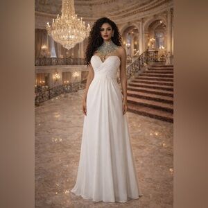 Blush Prom by Alexia White Chiffon Crystal Neck Gown Size 10 NWT Formal